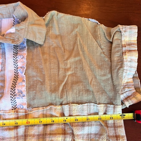 GIGIO Mixed Patchwork Button Down Short Sleeve Shirt Top Size Small Sage Green - Picture 7 of 11